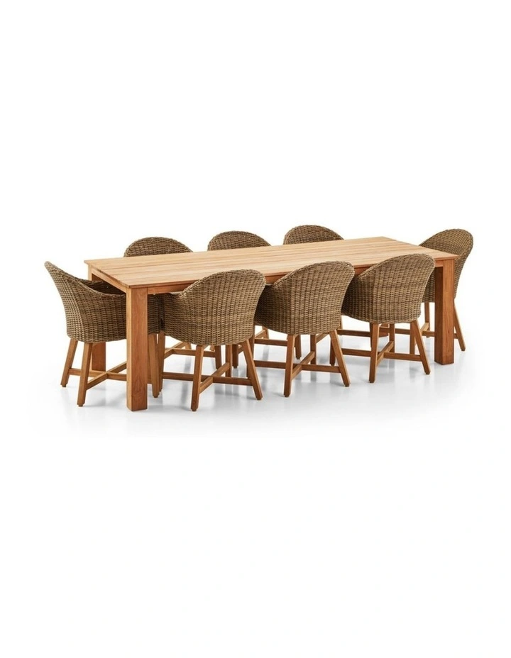 Barbados Outdoor Teak 2.4m Dining Table Brushed Wheat 8 Coastal Wicker Chairs & Cream Cushions image 1
