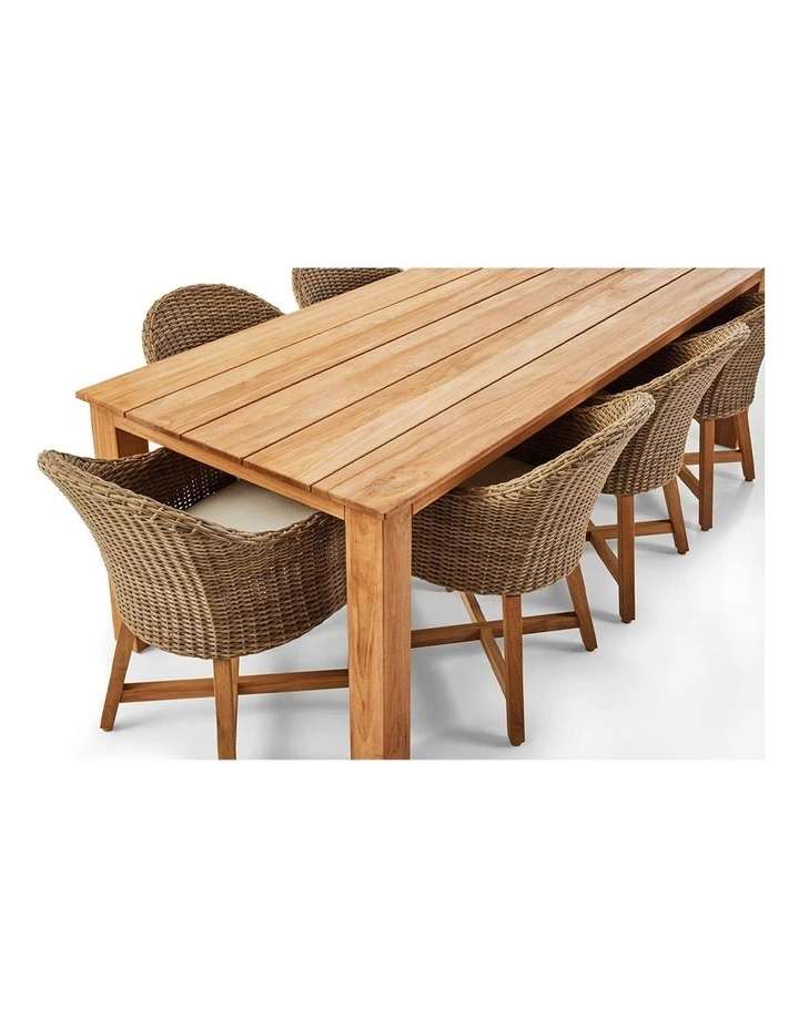 Barbados Outdoor Teak 2.4m Dining Table Brushed Wheat 8 Coastal Wicker Chairs & Cream Cushions image 2