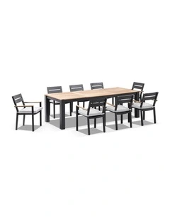 Balmoral 2.5m Teak Top  Table Charcoal With 8 Capri Dining Chairs & Textured Olefin Grey Cushions