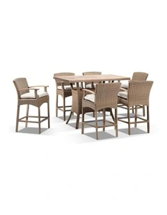 Sahara Teak Top 6 Seater Bar Setting in Half Wicker Wanika stools Brushed Wheat & Cream Cushions