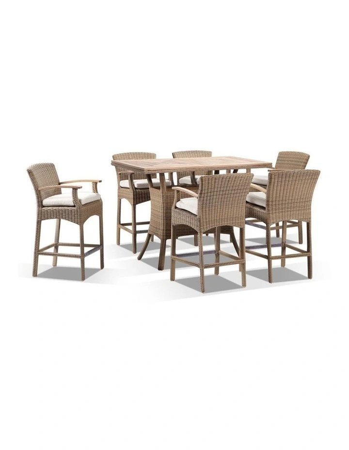 Sahara Teak Top 6 Seater Bar Setting in Half Wicker Wanika stools Brushed Wheat & Cream Cushions image 1