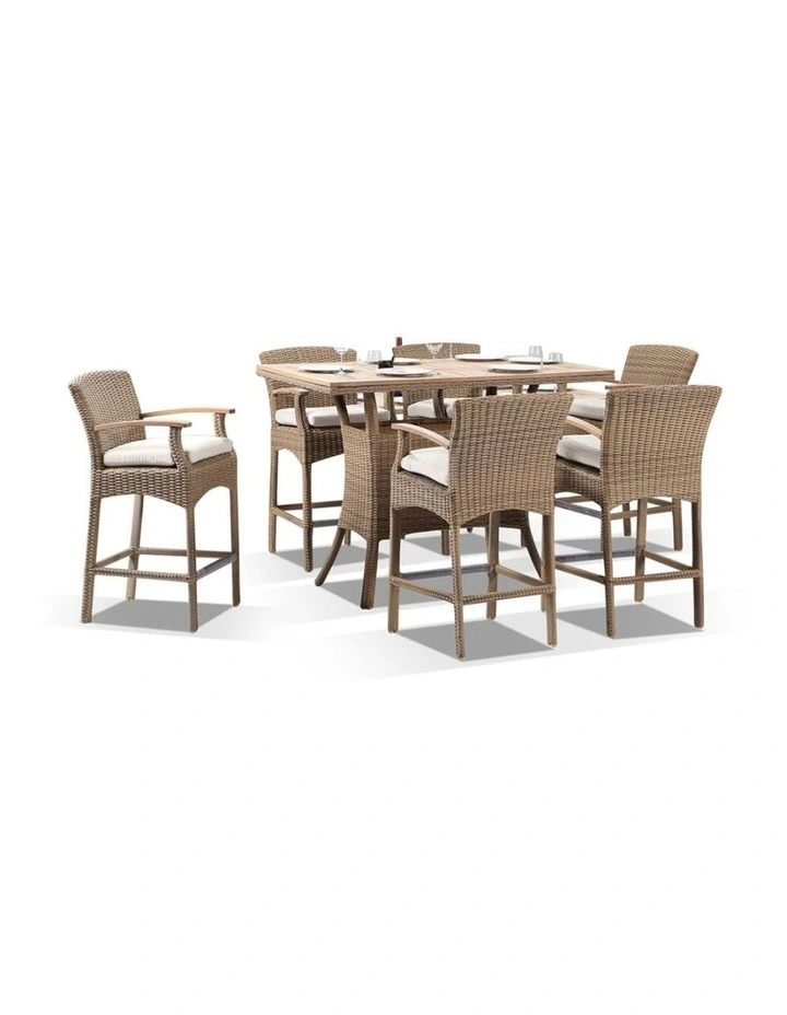 Sahara Teak Top 6 Seater Bar Setting in Half Wicker Wanika stools Brushed Wheat & Cream Cushions image 2