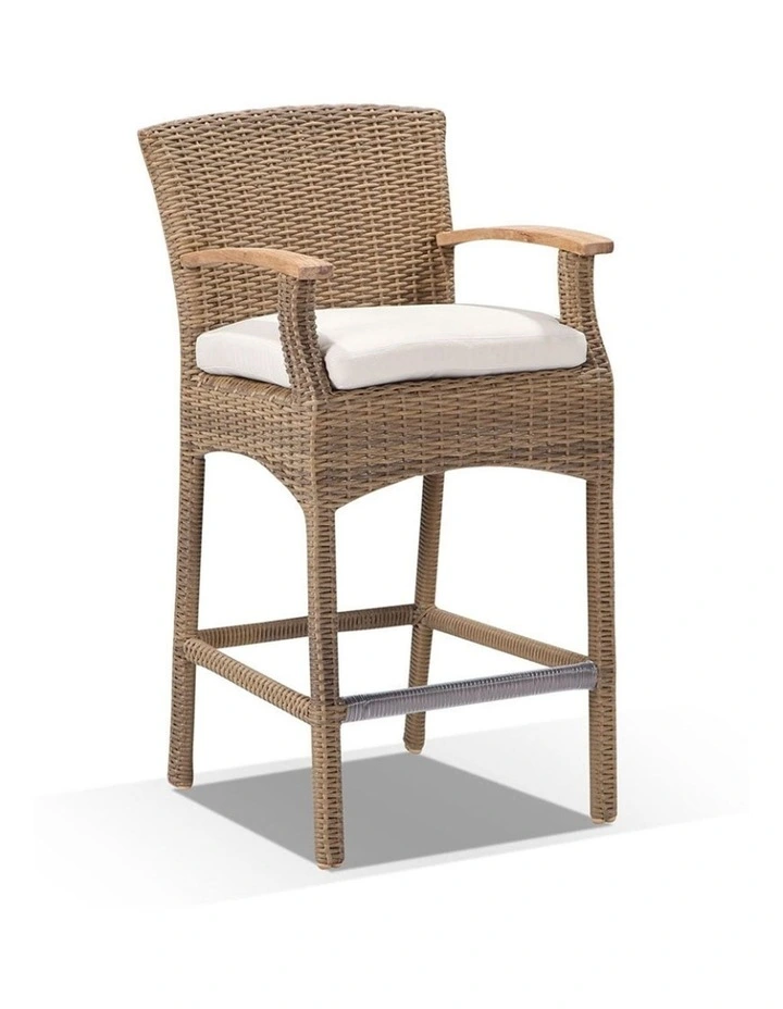 Sahara Teak Top 6 Seater Bar Setting in Half Wicker Wanika stools Brushed Wheat & Cream Cushions image 3