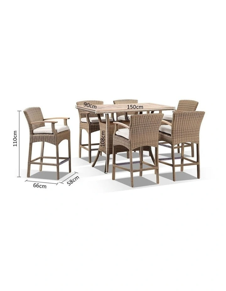 Sahara Teak Top 6 Seater Bar Setting in Half Wicker Wanika stools Brushed Wheat & Cream Cushions image 4