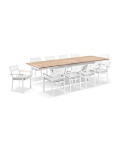 Austin Outdoor 2.2m - 3m Extension Teak/ Table White With 10 Capri Chairs & Olefin Grey Cushions