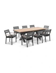 Austin Outdoor 2.2m - 3m Extension Teak/ Table Charcoal With 10 Capri Chairs & Denim Grey Cushions