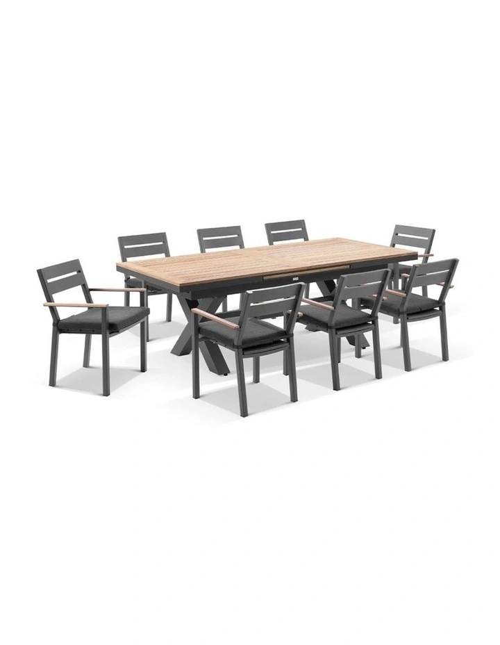 Austin Outdoor 2.2m - 3m Extension Teak/ Table Charcoal With 10 Capri Chairs & Denim Grey Cushions image 1