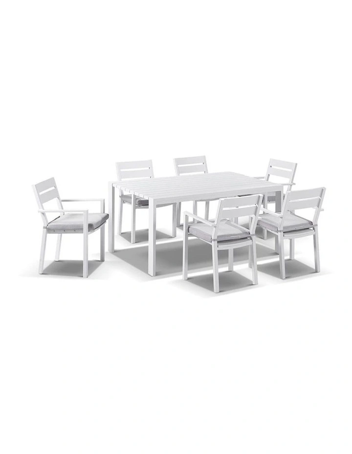 Capri 6 Seater Outdoor Dining Setting White With Santorini Chairs & Textured Olefin Grey Cushions image 1