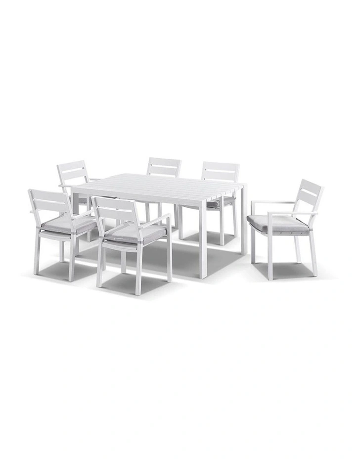 Capri 6 Seater Outdoor Dining Setting White With Santorini Chairs & Textured Olefin Grey Cushions image 2