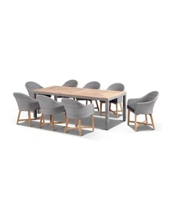 Sahara 8 Seater Rectangle Table Brushed Grey  Coastal Chairs in Half Round wicker & Denim Cushions