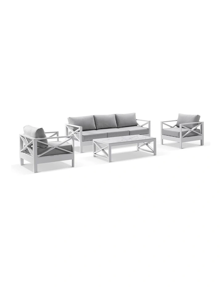 Kansas 3 1 1 seater Outdoor Lounge Set White With Coffee Table & Textured Olefin Grey Cushions image 1