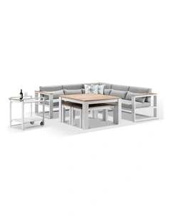 Balmoral Outdoor  Lounge and Dining Setting White With Bar Cart & Textured Olefin Grey Cushions