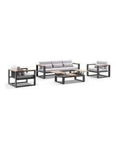 Balmoral 3 1 1 Seater Outdoor  and Teak Lounge Setting Charcoal & Textured Olefin Grey Cushions