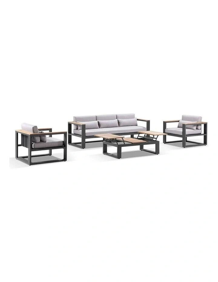 Balmoral 3 1 1 Seater Outdoor and Teak Lounge Setting Charcoal & Textured Olefin Grey Cushions image 1