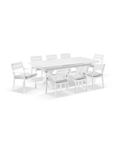 Austin Outdoor 2.2m - 3m Extension  Table White With 10 Santorini Chairs & Olefin Grey Cushions