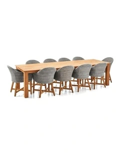 Barbados Outdoor Teak 3m Dining table Brushed Grey 10 Coastal Wicker Chairs & Denim Cushions