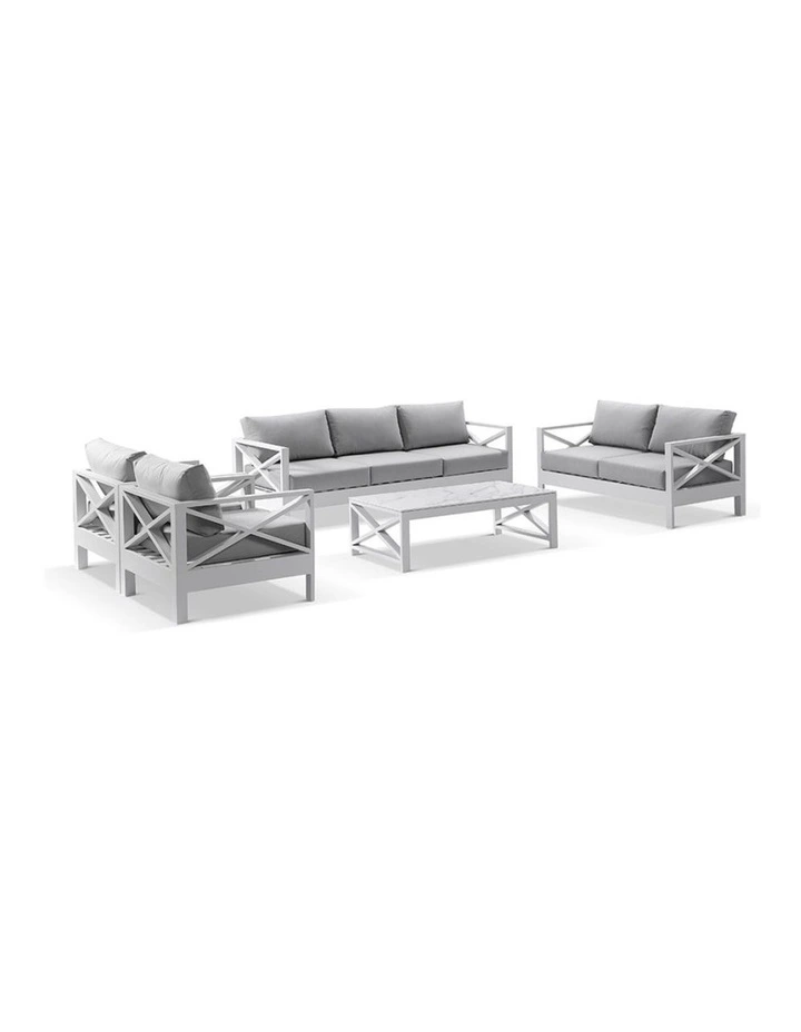 Kansas 3 2 1 1 seater Outdoor Lounge Set White With Coffee Table & Textured Olefin Cushions image 1