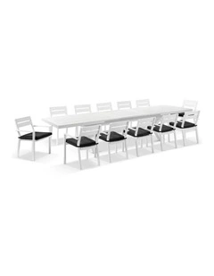 Austin Outdoor 3m - 3.8m Extension  Table White  12 Santorini Dining Chairs & Denim Grey Cushions