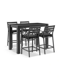 Hugo Outdoor Ceramic 1.5m Rectangle  Bar Table Charcoal With 4 Kansas Stools & Olefin Grey Cushions