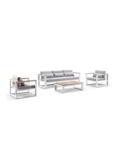 Balmoral 3 1 1 Seater Outdoor  and Teak Lounge Setting White & Textured Olefin Grey Cushions