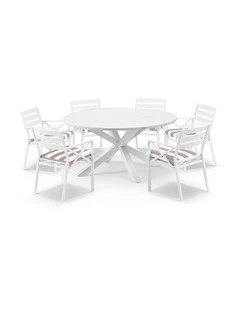 Houston Outdoor 1.5m Round  Dining Setting White With 6 Kansas Chairs & Sunbrella Beige Cushions