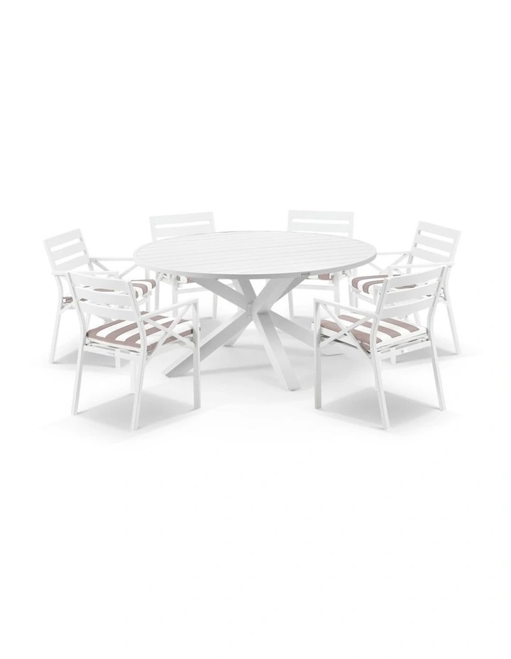 Houston Outdoor 1.5m Round Dining Setting White With 6 Kansas Chairs & Sunbrella Beige Cushions image 1