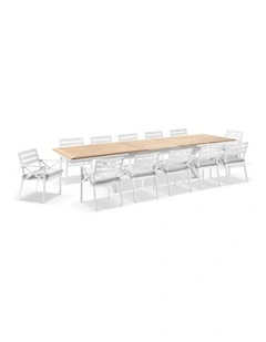Austin Outdoor 3m - 3.8m Extension Teak/ Table White With 12 Kansas Chairs & Olefin Grey Cushions
