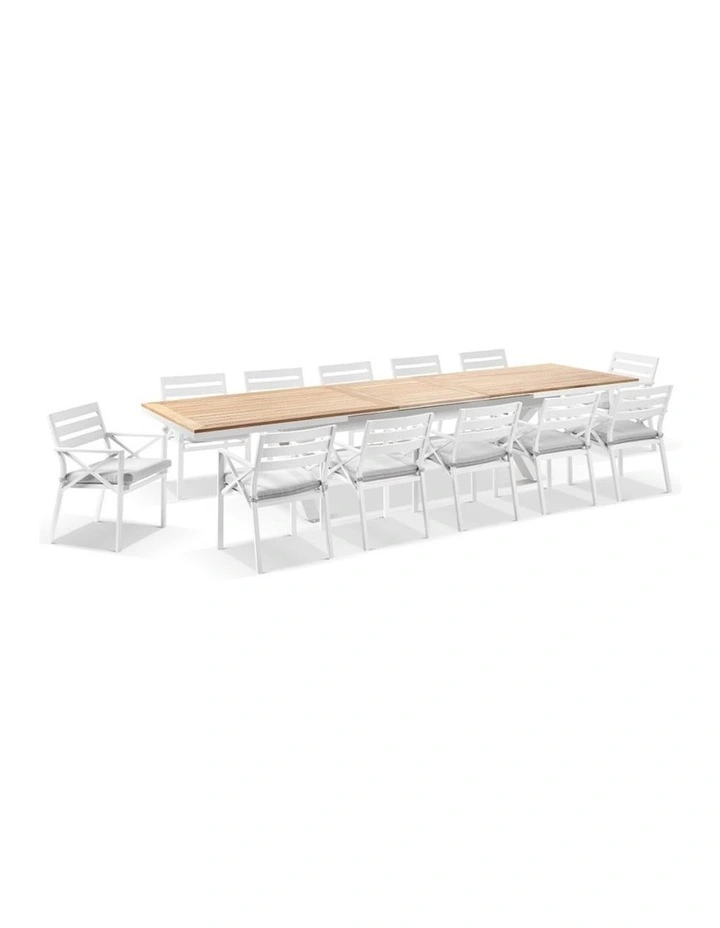 Austin Outdoor 3m - 3.8m Extension Teak/ Table White With 12 Kansas Chairs & Olefin Grey Cushions image 1