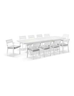 Austin Outdoor 3m - 3.8m Extension  Table White  12 Santorini Dining Chairs & Olefin Grey Cushion