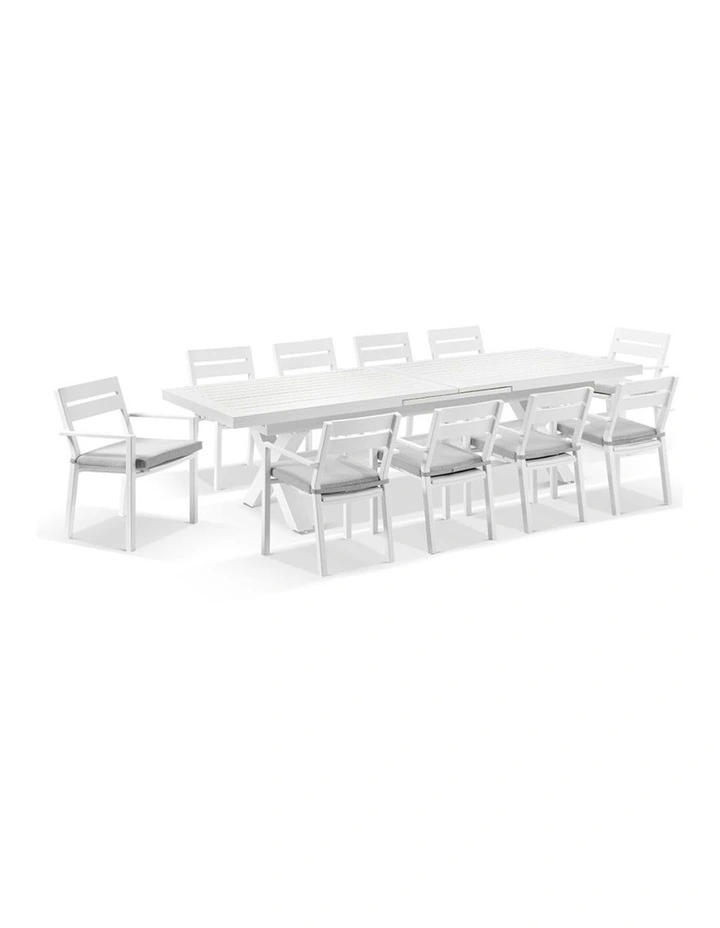 Austin Outdoor 3m - 3.8m Extension Table White 12 Santorini Dining Chairs & Olefin Grey Cushion image 1