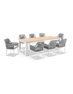 Balmoral 2.5m Outdoor Teak Top  Table White With 8 Hugo Rope Chairs & Textured Olefin Grey Cushions
