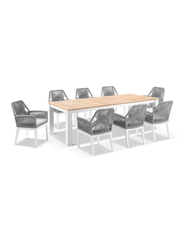 Balmoral 2.5m Outdoor Teak Top Table White With 8 Hugo Rope Chairs & Textured Olefin Grey Cushions image 1