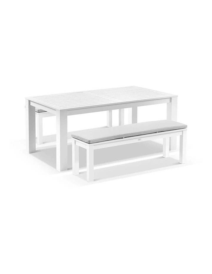 Santorini 1.8m Rectangle Dining Table White With 2 Bench Seats & Textured Olefin Grey Cushions image 1