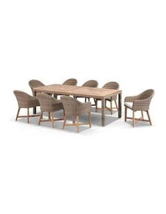 Sahara 8 Seater Rectangle Table Brushed Wheat  Coastal Chairs in Half Round wicker & Cream Cushions