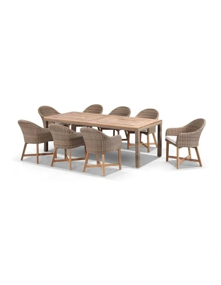 Sahara 8 Seater Rectangle Table Brushed Wheat Coastal Chairs in Half Round wicker & Cream Cushions image 1