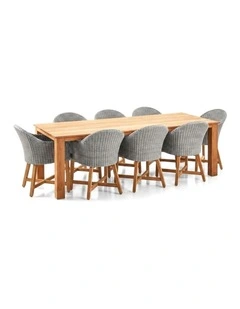Barbados Outdoor Teak 2.4m Dining Table Brushed Grey 8 Coastal Wicker Chairs & Denim Cushions