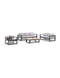 Balmoral 3 2 1 Seater Outdoor  and Teak Lounge Setting Charcoal & Textured Olefin Grey Cushions