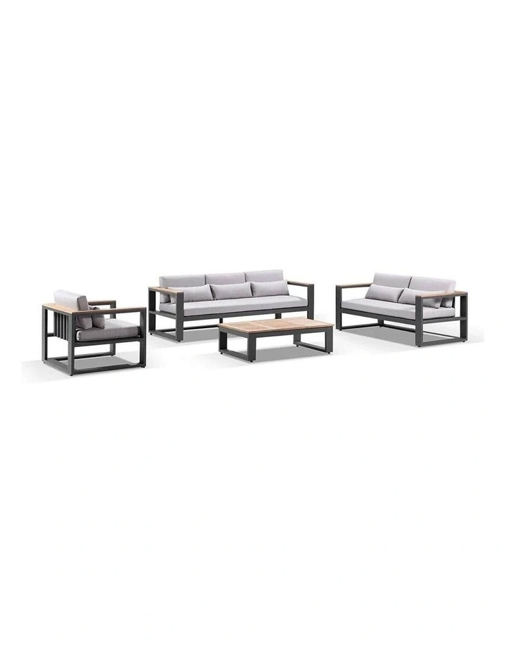 Balmoral 3 2 1 Seater Outdoor and Teak Lounge Setting Charcoal & Textured Olefin Grey Cushions image 1
