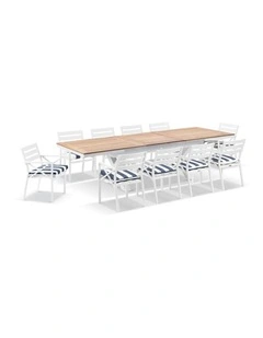 Austin Outdoor 2.2m - 3m Extension Teak/ Table White With 10 Kansas Chairs & Navy Stripe Cushions