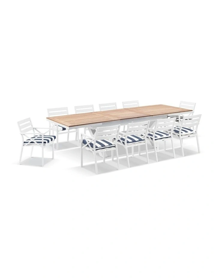 Austin Outdoor 2.2m - 3m Extension Teak/ Table White With 10 Kansas Chairs & Navy Stripe Cushions image 1