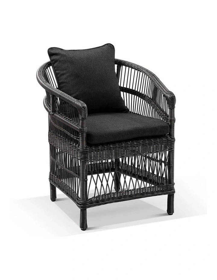 Watego Malawi Style Outdoor Wicker and Aluminium Dining Chair Charcoal & Denim Grey Cushions image 1