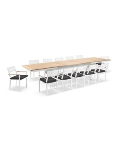 Austin Outdoor 3m - 3.8m Extension Teak/ Table White With 12 Capri Chairs & Denim Grey Cushions