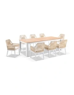 Balmoral 2.5m Outdoor Teak Top  Table White With 8 Hugo Rope Chairs & Cream Rope/Cream Cushions
