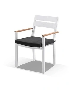 Capri Outdoor Aluminium Dining Chair White With Teak Timber Arm Rests & Denim Grey Cushions