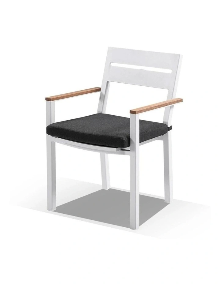 Capri Outdoor Aluminium Dining Chair White With Teak Timber Arm Rests & Denim Grey Cushions image 1