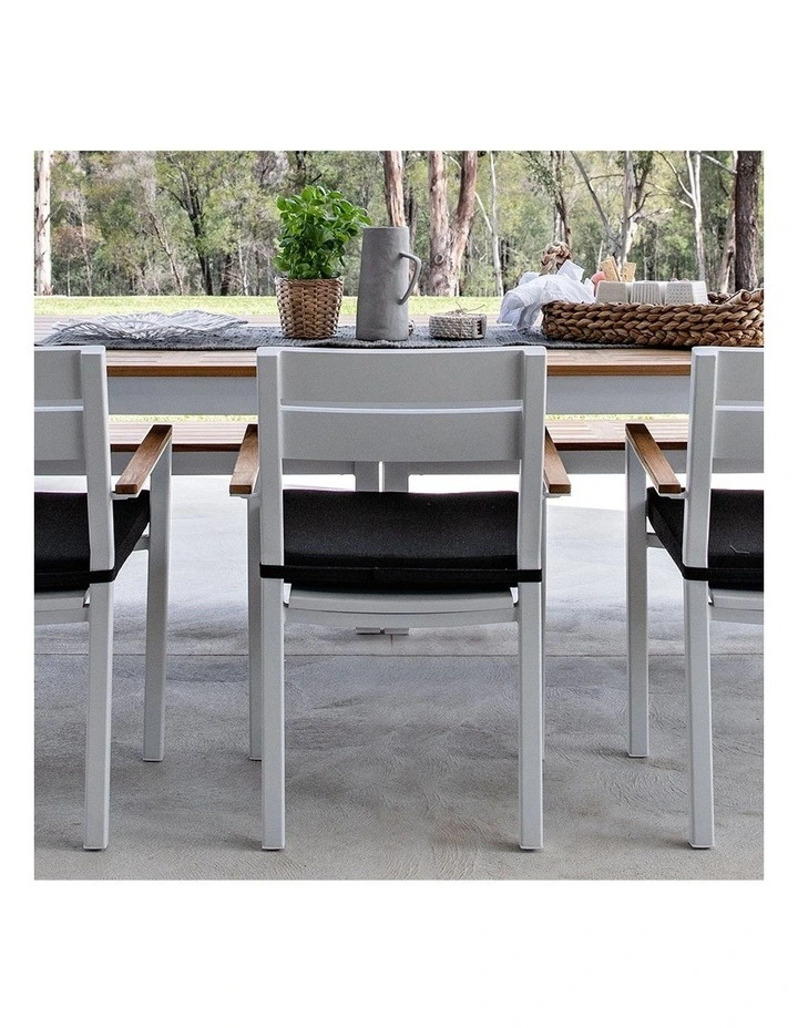 Capri Outdoor Aluminium Dining Chair White With Teak Timber Arm Rests & Denim Grey Cushions image 2