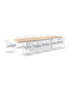 Austin Outdoor 3m - 3.8m Extension Teak/ Table White With 12 Kansas Chairs & Navy Stripe Cushions
