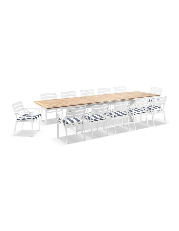 Austin Outdoor 3m - 3.8m Extension Teak/ Table White With 12 Kansas Chairs & Navy Stripe Cushions image 1