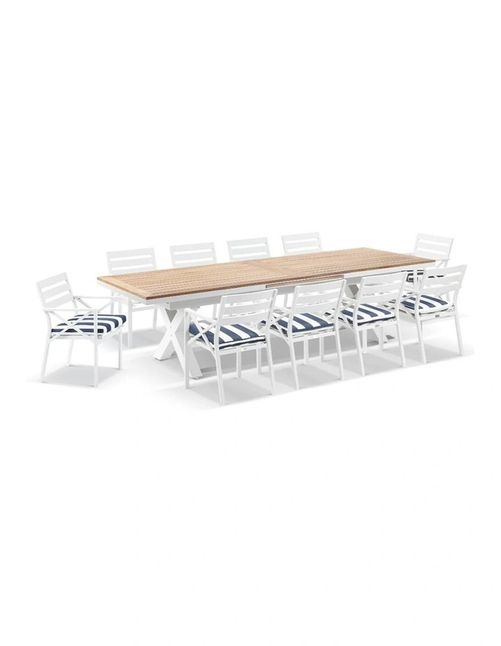 Austin Outdoor 3m - 3.8m Extension Teak/ Table White With 12 Kansas Chairs & Navy Stripe Cushions image 2