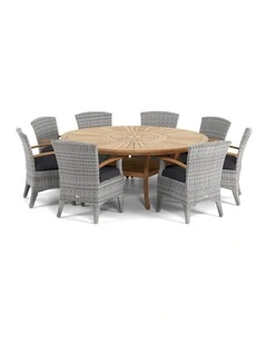 Solomon 1.8m Outdoor Teak Timber Table Brushed Grey Kai wicker Chairs & Lazy Susan Denim Cushions